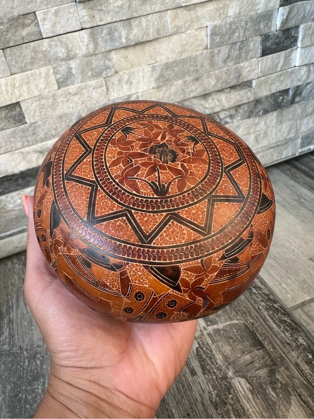 Vintage Hand Carved Gourd Peruvian  Decor Art